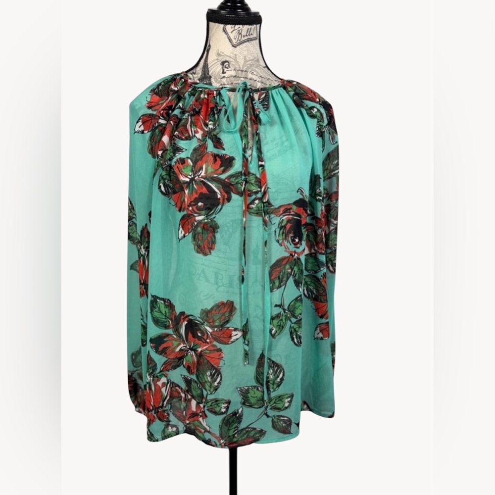 Karen Kane Sheer Floral Blouse Medium Boho Balloon Sleeve Tie Neck Flowy Top| M